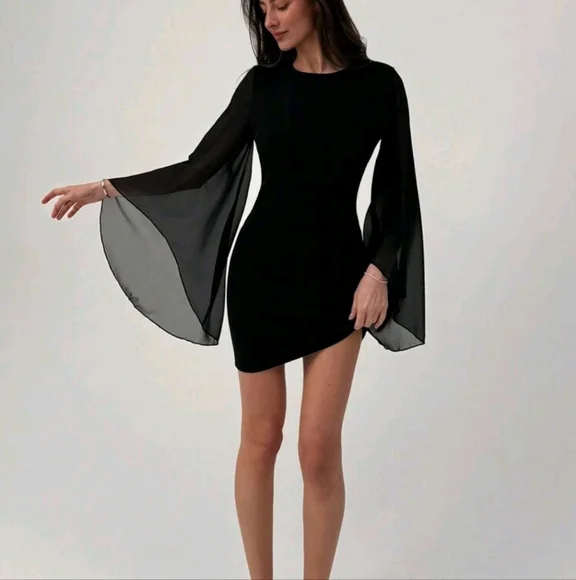 Early Spring New Modern Solid Black Slim Fit Mini Bodycon Vintage Wing Sleeve Lo - Picture 2 of 4